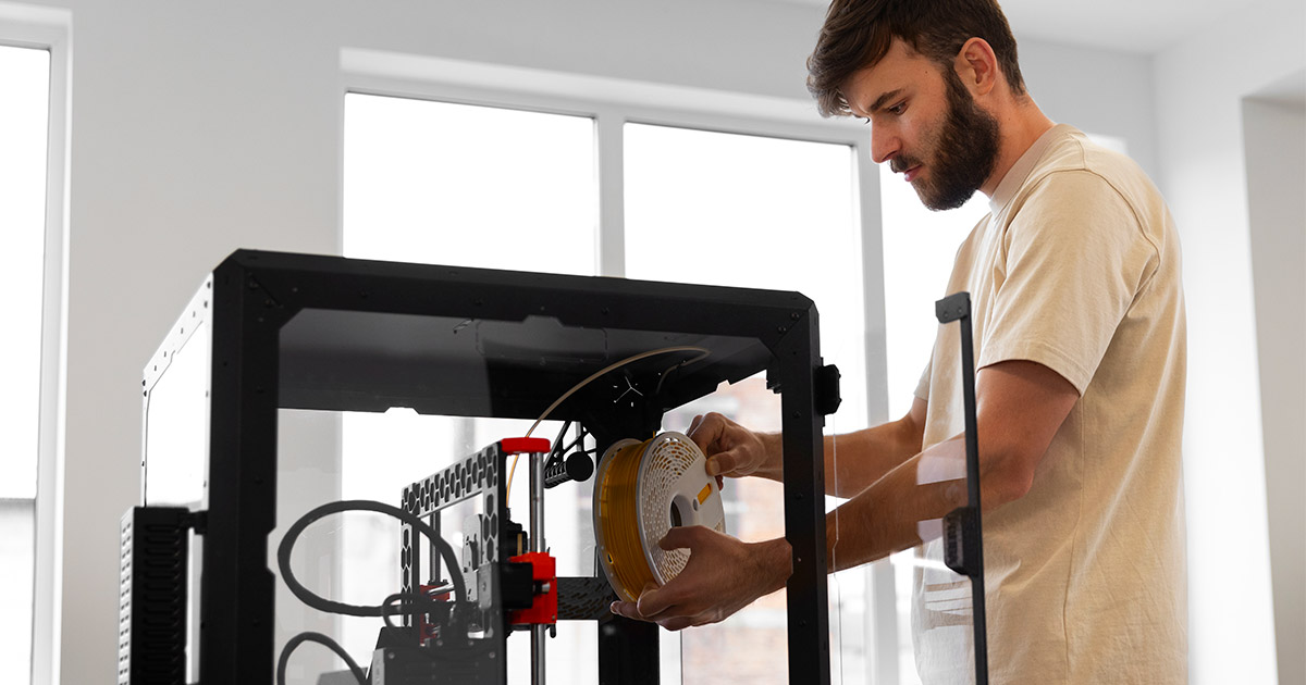 homem colocando filamento em impressora 3D.